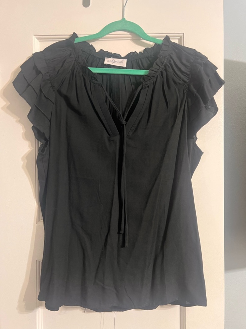 Carly Jean Los Angeles Black Ruffle Sleeve Tie-Front Blouse